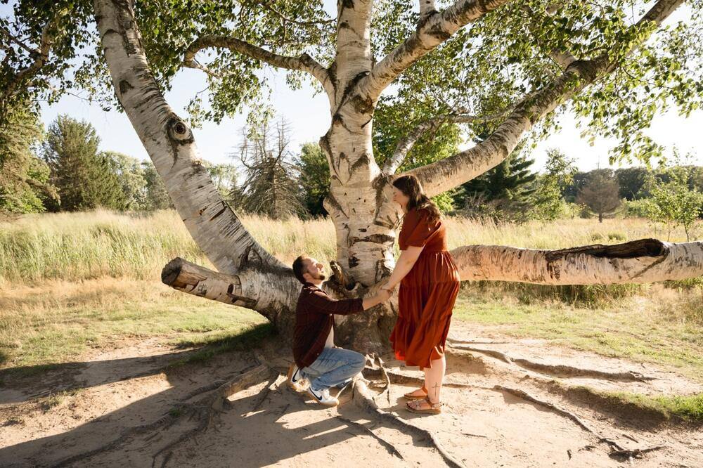 Couple celebrating beneath a large tree