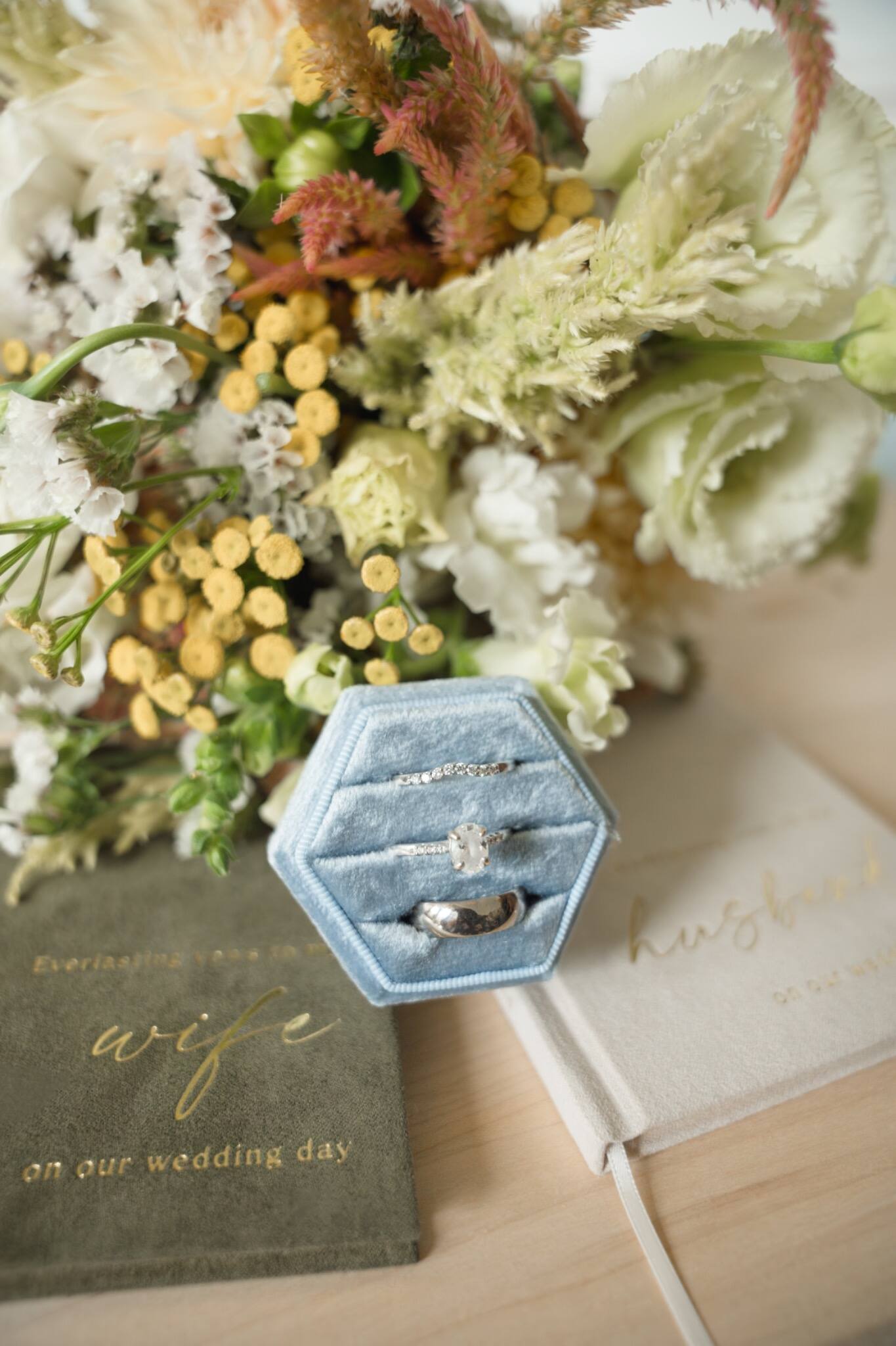 Close wedding detail of bouquet, vows, and rings